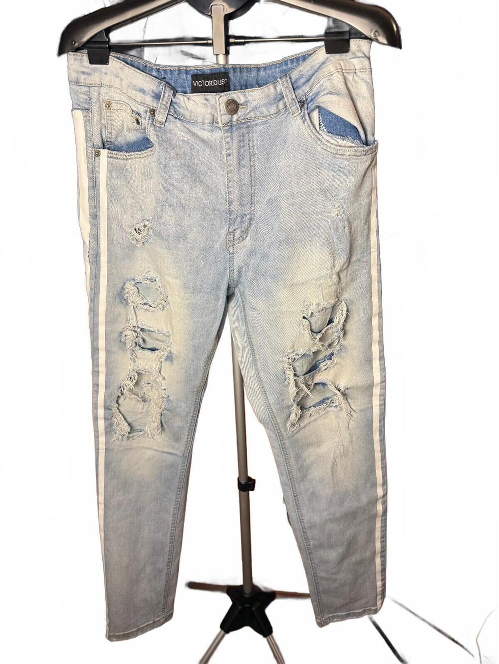 Victorious Light Wash Distressed Denim Jeans with Side Stripes sz 36 x 32